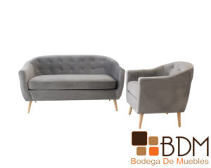 Set de sofa y sillon de madera con tapiz suede color gris