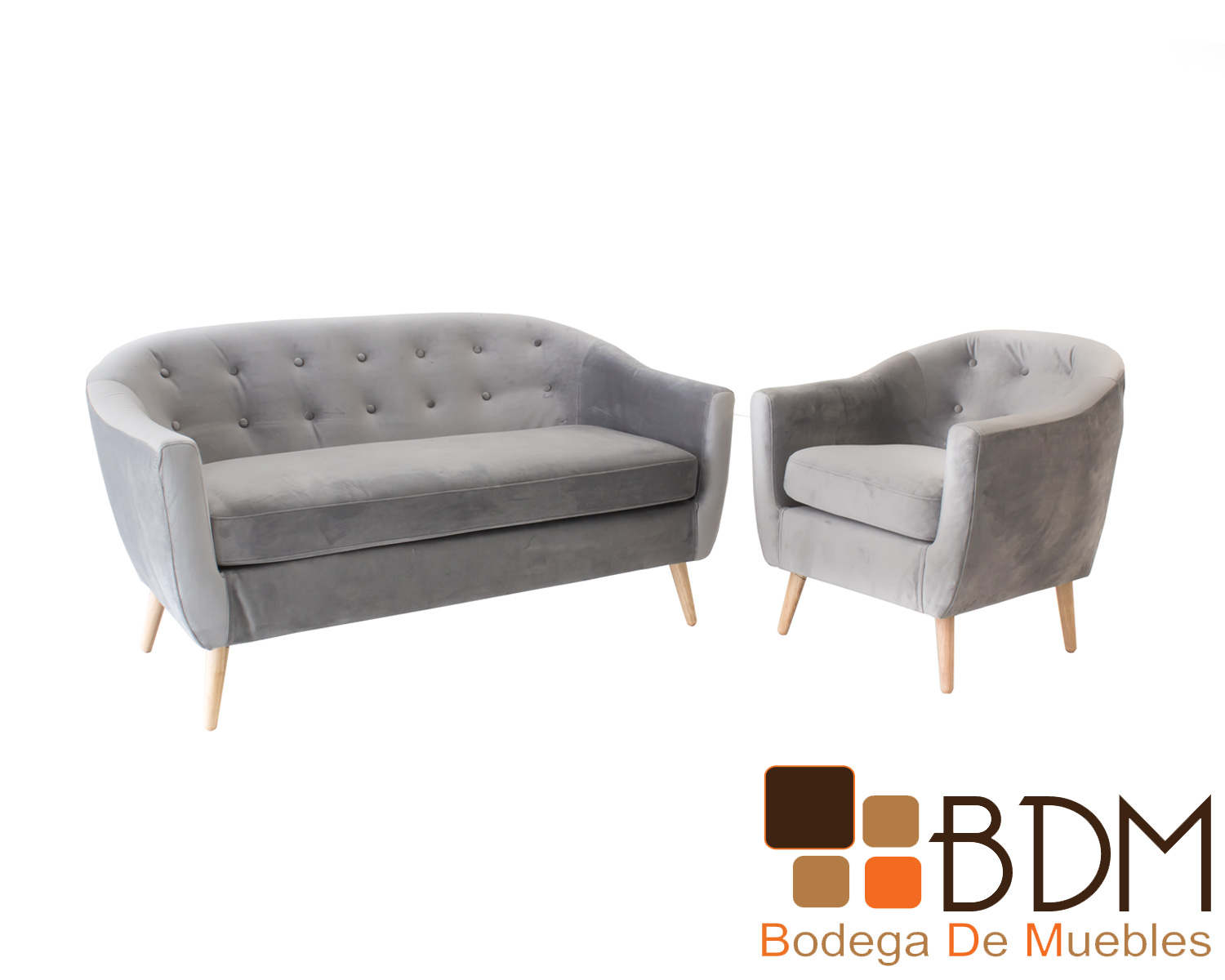 Set de sofa y sillon de madera con tapiz suede color gris