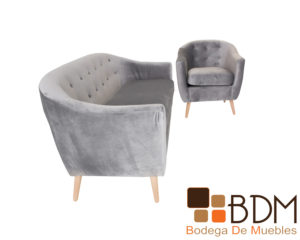 Set de sofa y sillon de madera con tapiz suede color gris