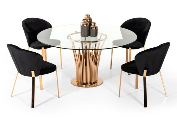 Mesa de comedor Mesa de comedor Modrest Paxton
  moderna redonda de vidrio y oro rosa – Envíos a todo México | FurnitureMX
