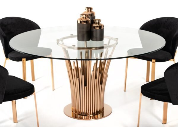 Mesa de comedor Mesa de comedor Modrest Paxton
  moderna redonda de vidrio y oro rosa – Envíos a todo México | FurnitureMX