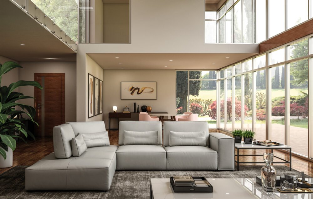 Accenti Italia Enjoy – Sofá seccional italiano moderno de cuero gris claro con orientación izquierda