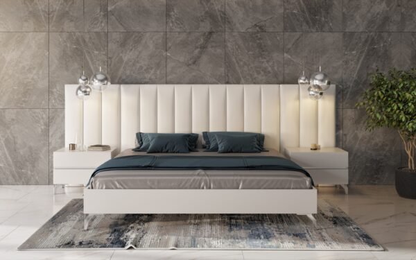 Mueble Nova Domus Angela - Cama italiana moderna de
  cuero ecológico blanco con mesitas de noche y alas – Envíos a todo México |
  FurnitureMX