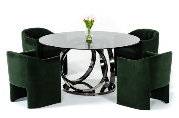 Mesa de comedor Modrest Enid - Mesa de comedor
  redonda moderna de vidrio ahumado y acero inoxidable negro – Envíos a todo
  México | FurnitureMX