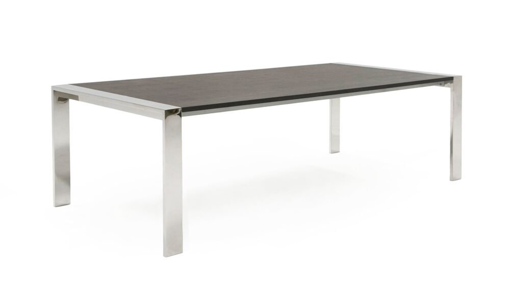 Modrest Fauna – Mesa de comedor moderna cromada de acero inoxidable y gris olmo