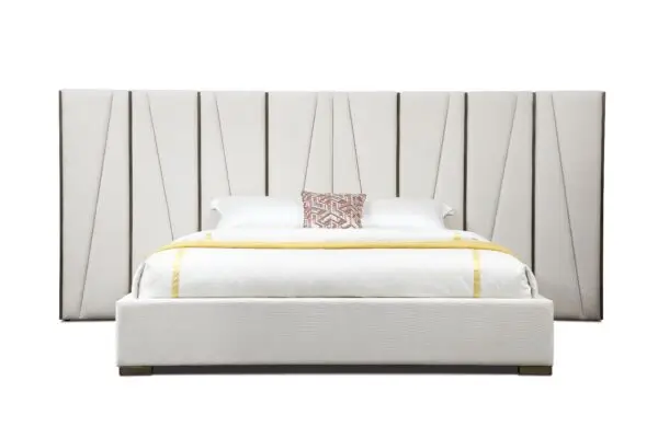 Mueble Modrest Nixa - Cama Queen moderna de
terciopelo beige + bronce cepillado – Envíos a todo México | FurnitureMX