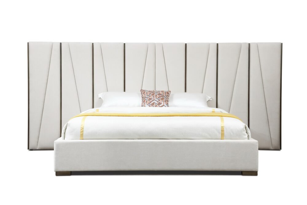 Modrest Nixa – Juego de dormitorio moderno de terciopelo beige + bronce cepillado + abedul