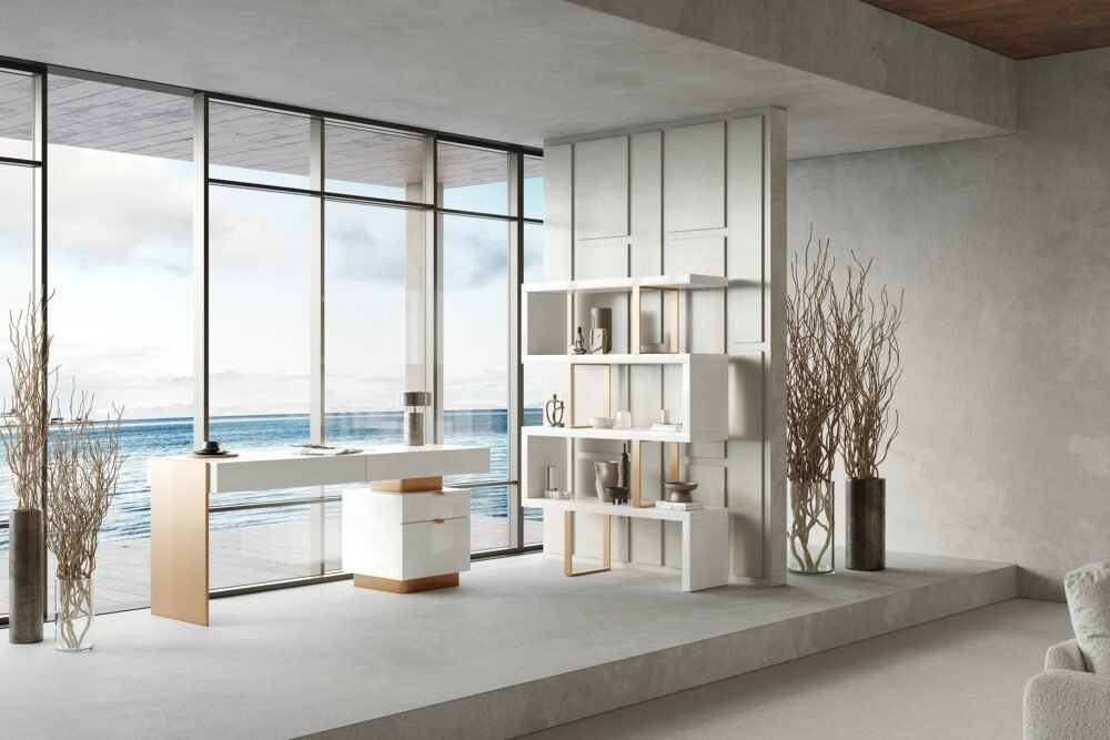 Modrest Trahan – Escritorio de oficina moderno en blanco brillante y oro cepillado