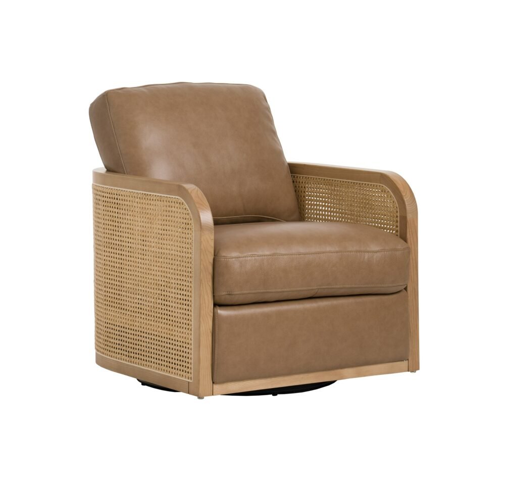 Divani Casa Danson – Silla moderna de cuero color canela + acento giratorio de mimbre