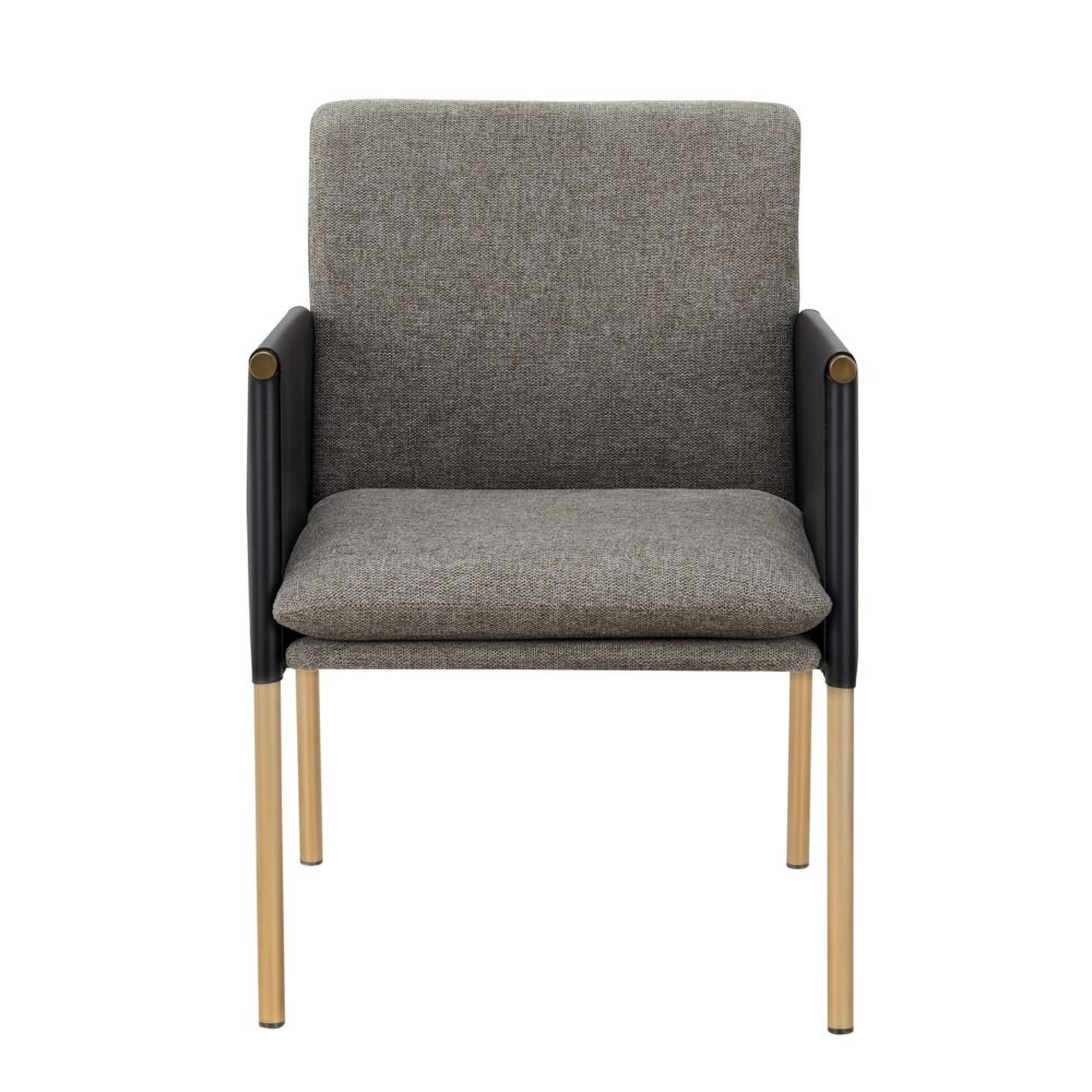 Modrest Engel – Silla de comedor moderna de cuero vegano gris oscuro + tela gris + silla de comedor de latón antiguo