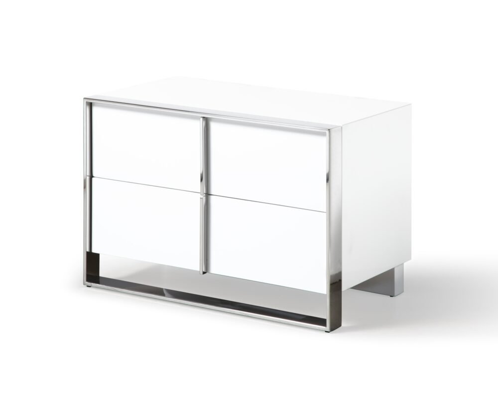Modrest Cartier – Mesita de noche moderna blanca + acero inoxidable