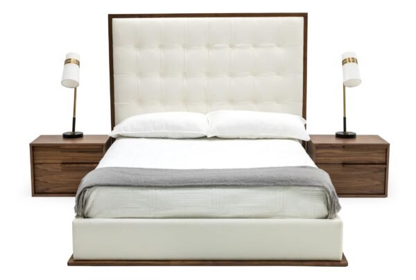 Mueble Modrest Amberlie - Cama de cuero vegano
  blanco y nogal – Envíos a todo México | FurnitureMX
