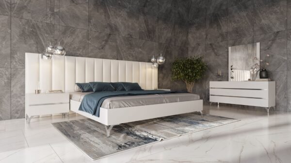 Mueble Nova Domus Angela - Cama italiana moderna de
  cuero ecológico blanco con mesitas de noche y alas – Envíos a todo México |
  FurnitureMX