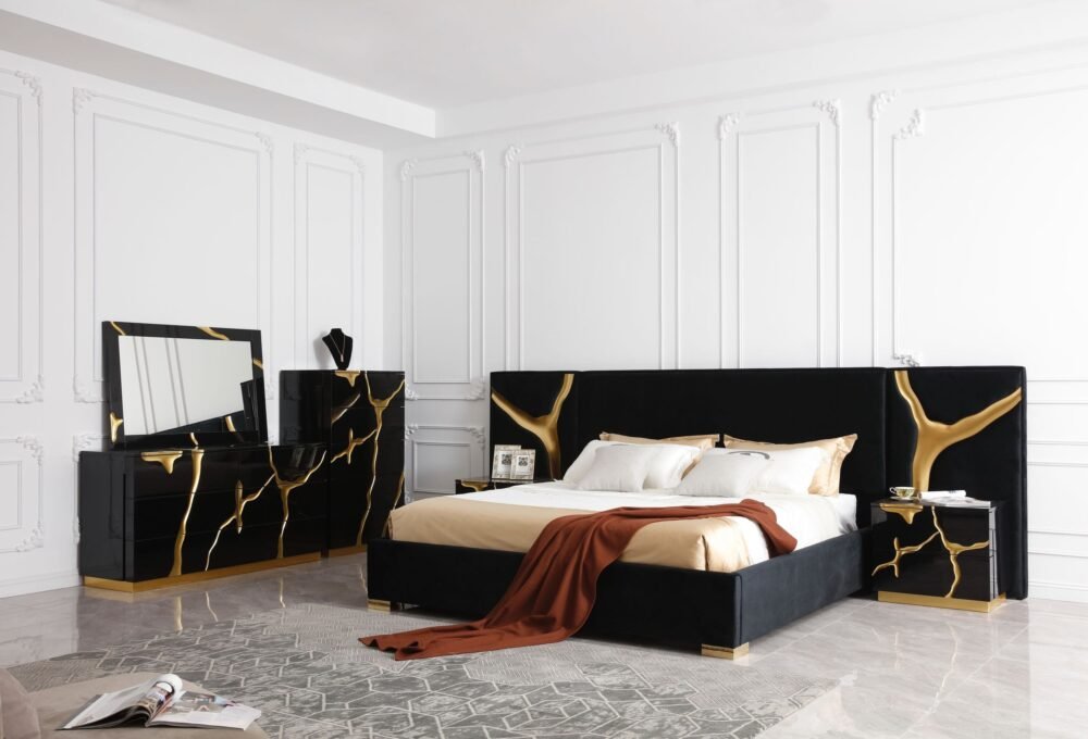 Modrest Aspen – Mesita de noche moderna, ancha, negra y dorada