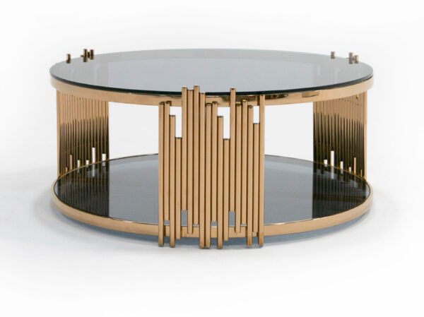 Mueble Mesa de centro redonda moderna Modrest Bryce
  de vidrio ahumado y oro rosa – Envíos a todo México | FurnitureMX