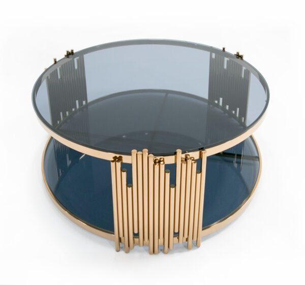 Mueble Mesa de centro redonda moderna Modrest Bryce
  de vidrio ahumado y oro rosa – Envíos a todo México | FurnitureMX