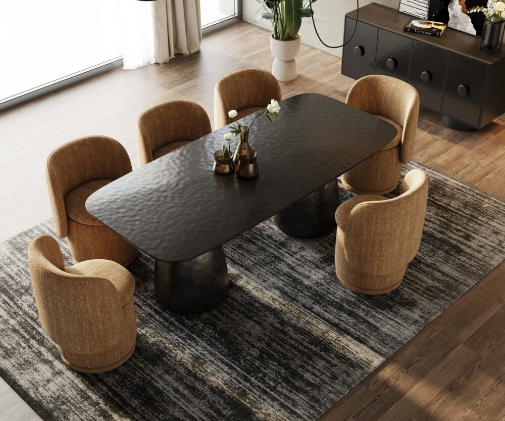 Modrest Calexico – Mesa de comedor rectangular ancha contemporánea de cristal ondulado negro