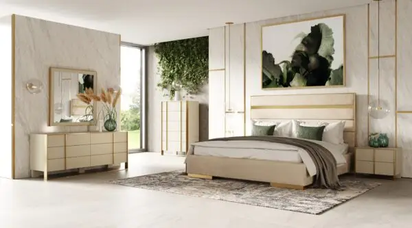 Mueble Modrest Cartier - Cama moderna de terciopelo
beige y latón cepillado – Envíos a todo México | FurnitureMX