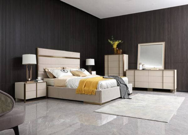 Mueble Nova Domus Cartier - Mesita de noche moderna
  de shagreen beige y latón cepillado – Envíos a todo México | FurnitureMX