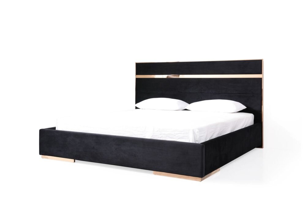 Nova Domus Cartier – Cama moderna negra + oro rosa + mesitas de noche