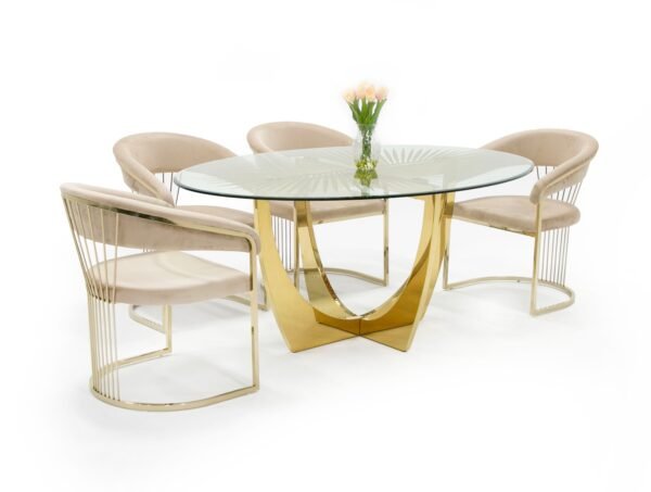 Mesa de comedor Modrest Chambers - Mesa de comedor
  de cristal y oro – Envíos a todo México | FurnitureMX