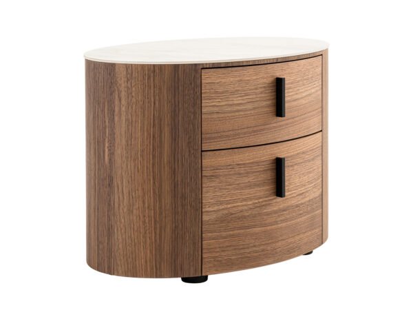 Mueble Modrest Chelton - Mesita de noche ovalada
  contemporánea de cerámica blanca y nogal – Envíos a todo México | FurnitureMX