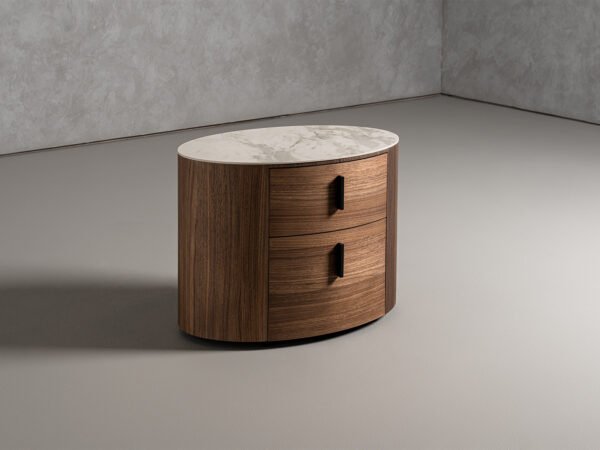 Mueble Modrest Chelton - Mesita de noche ovalada
  contemporánea de cerámica blanca y nogal – Envíos a todo México | FurnitureMX
