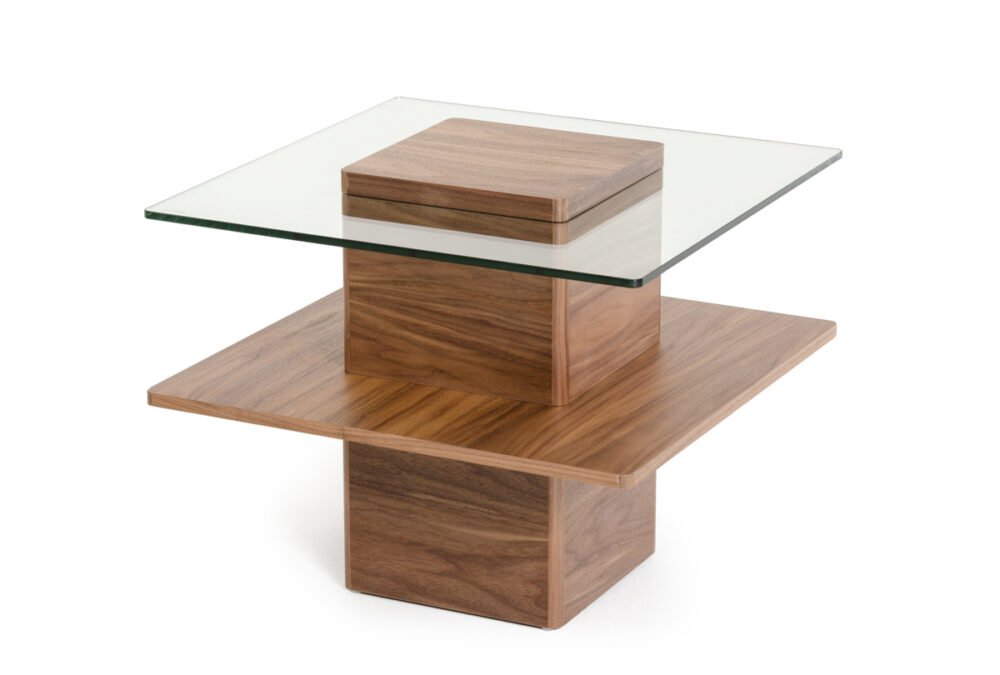 Mesa auxiliar Modrest Clarion Mid-Century de nogal y vidrio