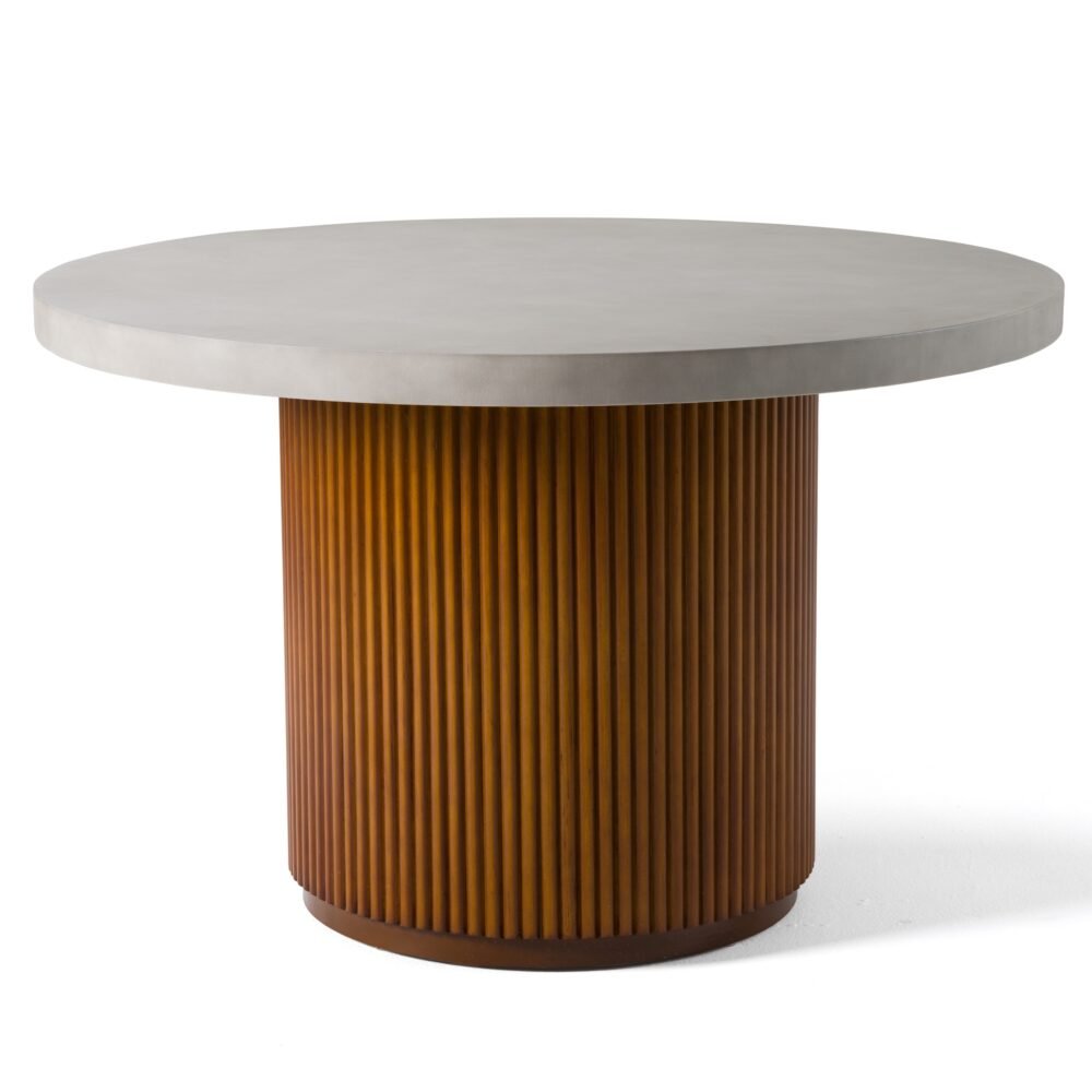 Modrest Duncan – Mesa de comedor redonda moderna de imitación de hormigón + nogal