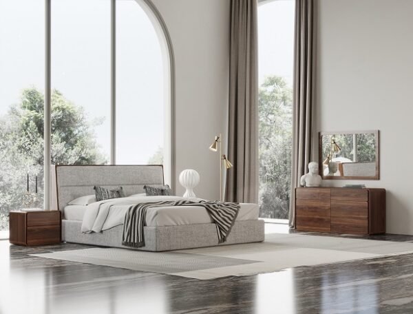 Mueble Modrest Dustin - Cama moderna con adornos de
  nogal y tela gris – Envíos a todo México | FurnitureMX