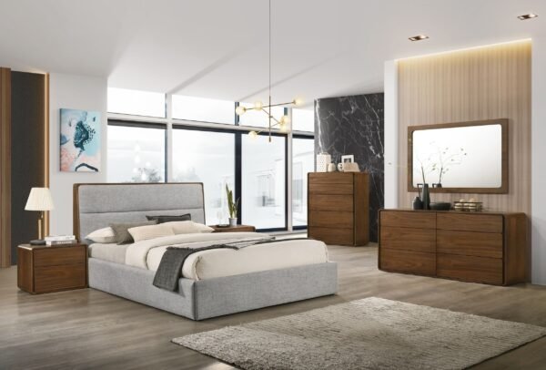 Mueble Modrest Dustin - Juego de dormitorio moderno
  con adornos de nogal y tela gris – Envíos a todo México | FurnitureMX