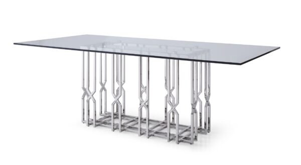 Mesa de comedor Modrest Ericson - Mesa de comedor
  moderna de vidrio y acero inoxidable – Envíos a todo México | FurnitureMX