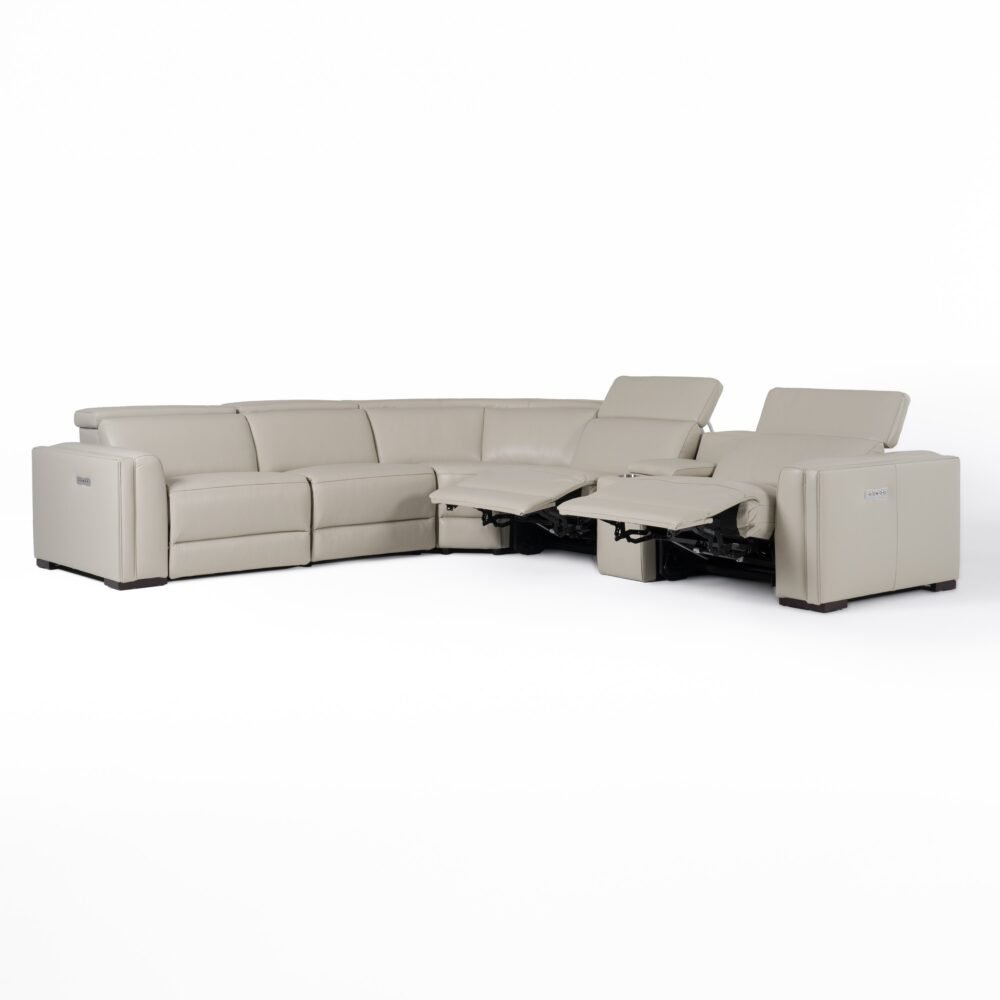 Modrest Frazier – Sofá seccional moderno de cuero gris claro con 3 sillones reclinables + consola