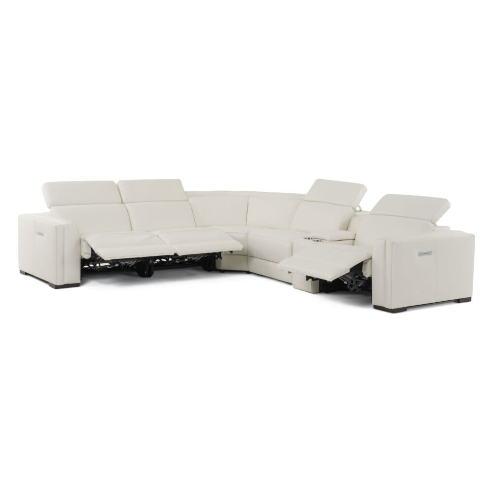 Modrest Frazier – Sofá seccional moderno de cuero blanco con 3 sillones reclinables + consola