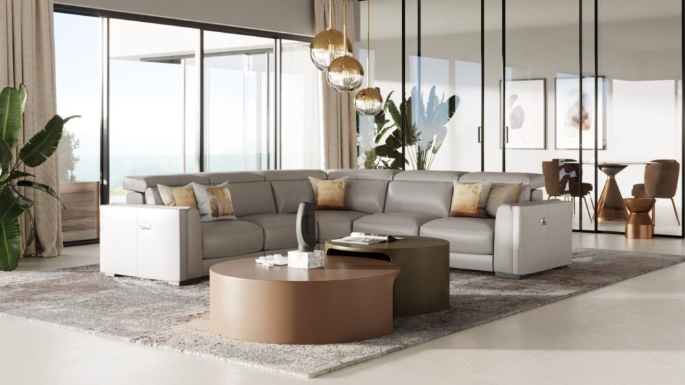 Modrest Frazier – Sofá seccional moderno de cuero gris claro con 3 sillones reclinables