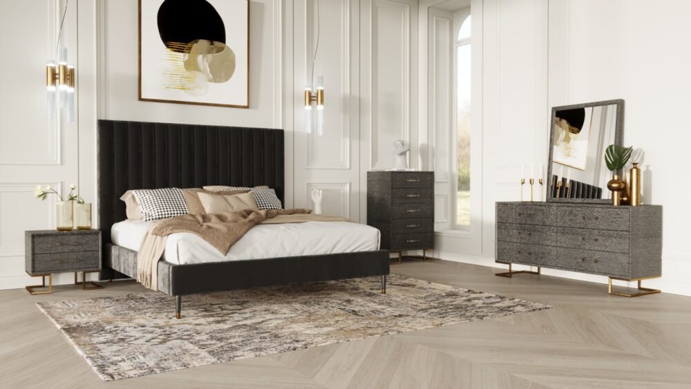Modrest Hemlock Howard- Juego de dormitorio moderno de terciopelo gris oscuro y gris shagreen