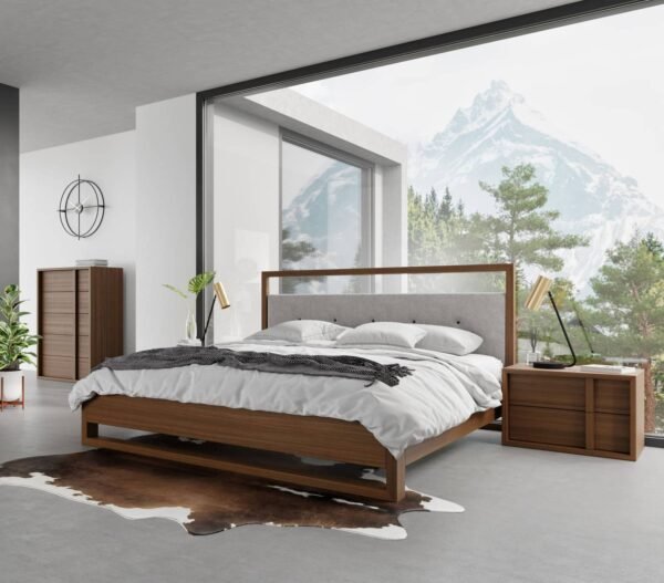 Mueble Nova Domus Falcor - Cama moderna de tela
  gris y chapa de nogal – Envíos a todo México | FurnitureMX