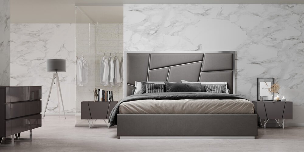 Cama Modrest Chrysler moderna de cuero regenerado gris