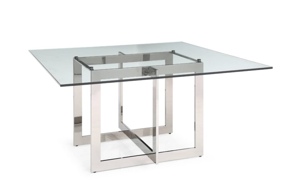 Modrest Keaton – Mesa de comedor cuadrada moderna de vidrio + acero inoxidable