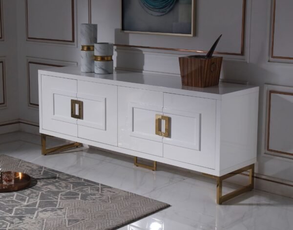Mueble Modrest Leah - Buffet contemporáneo blanco
  de alto brillo y dorado champán – Envíos a todo México | FurnitureMX