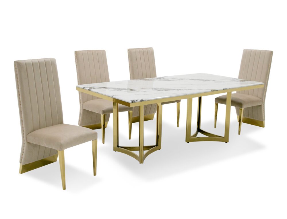 Modrest Loomis – Mesa de comedor de mármol blanco y dorado