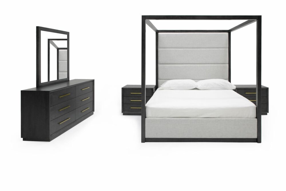 Modrest Manhattan- Juego de dormitorio gris con dosel contemporáneo, tamaño queen