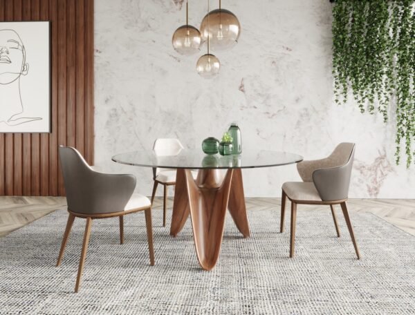 Mesa de comedor Modrest Seguin - Mesa de comedor
  redonda de cristal + nogal – Envíos a todo México | FurnitureMX