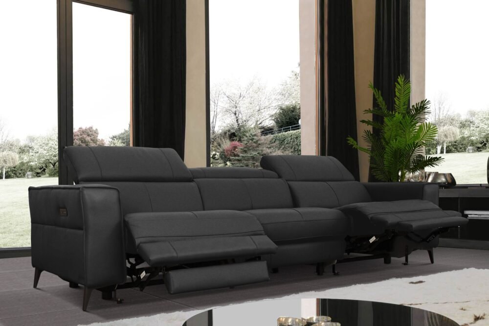 Divani Casa Nella – Sofá moderno de cuero negro con sillones reclinables eléctricos