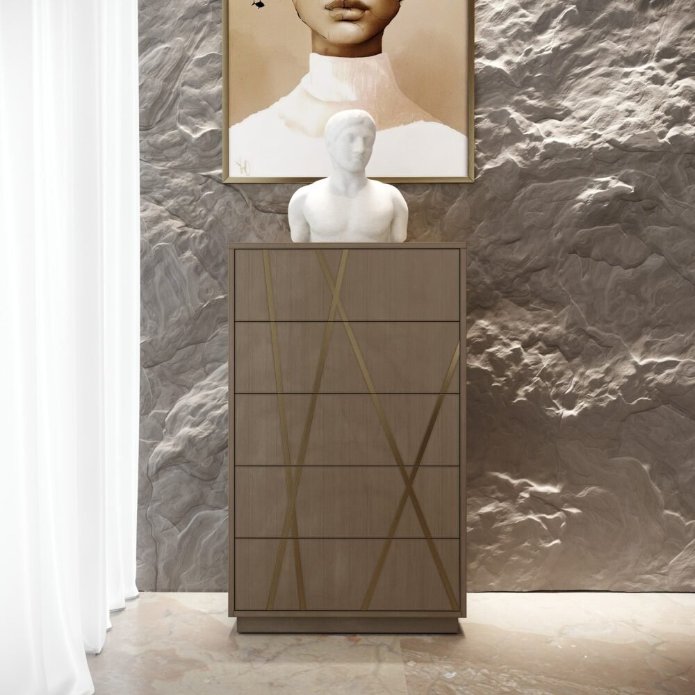 Modrest Nixa – Cómoda moderna de abedul ancho + bronce cepillado