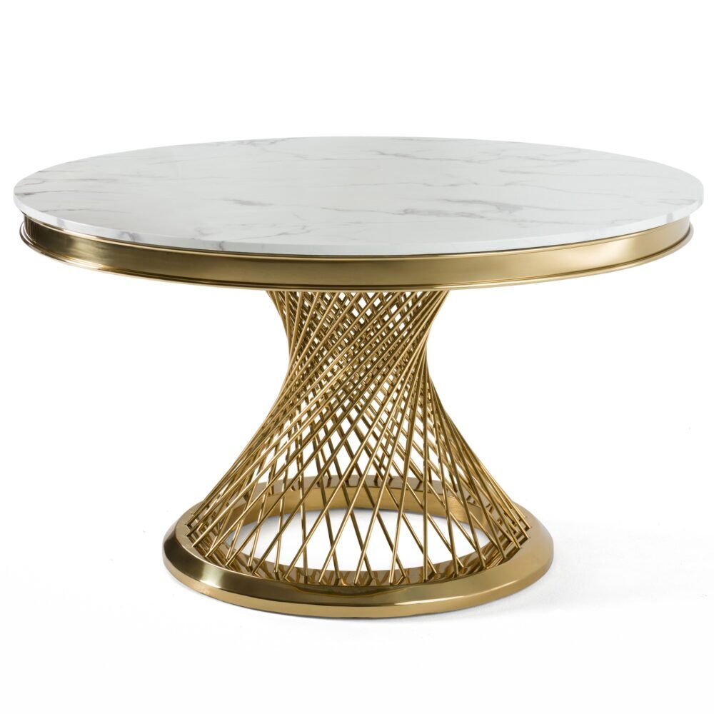 Modrest Potter – Mesa de comedor redonda de acero inoxidable dorado y mármol blanco