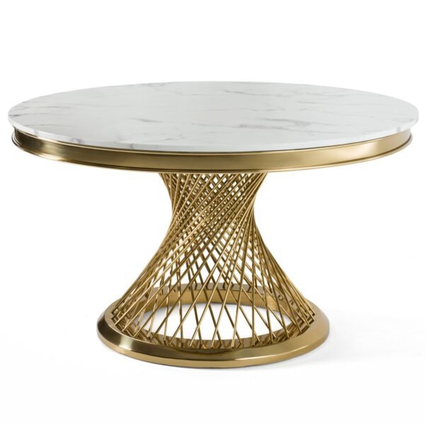Mesa de comedor Modrest Potter - Mesa de comedor
  redonda de acero inoxidable dorado y mármol blanco – Envíos a todo México |
  FurnitureMX