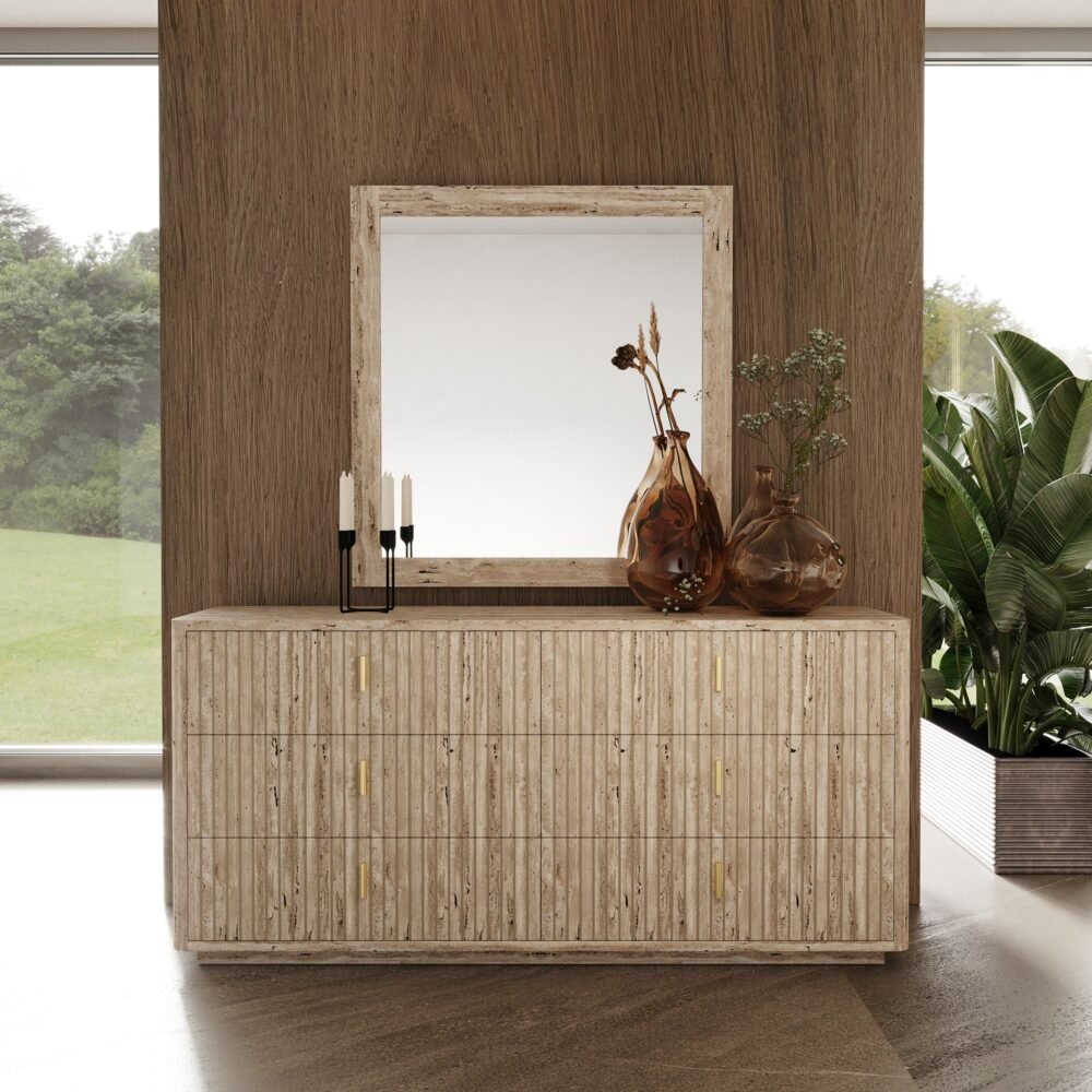 Queen – Nova Domus Daystar + Roma – Juego de dormitorio moderno de terciopelo beige + travertino + dorado