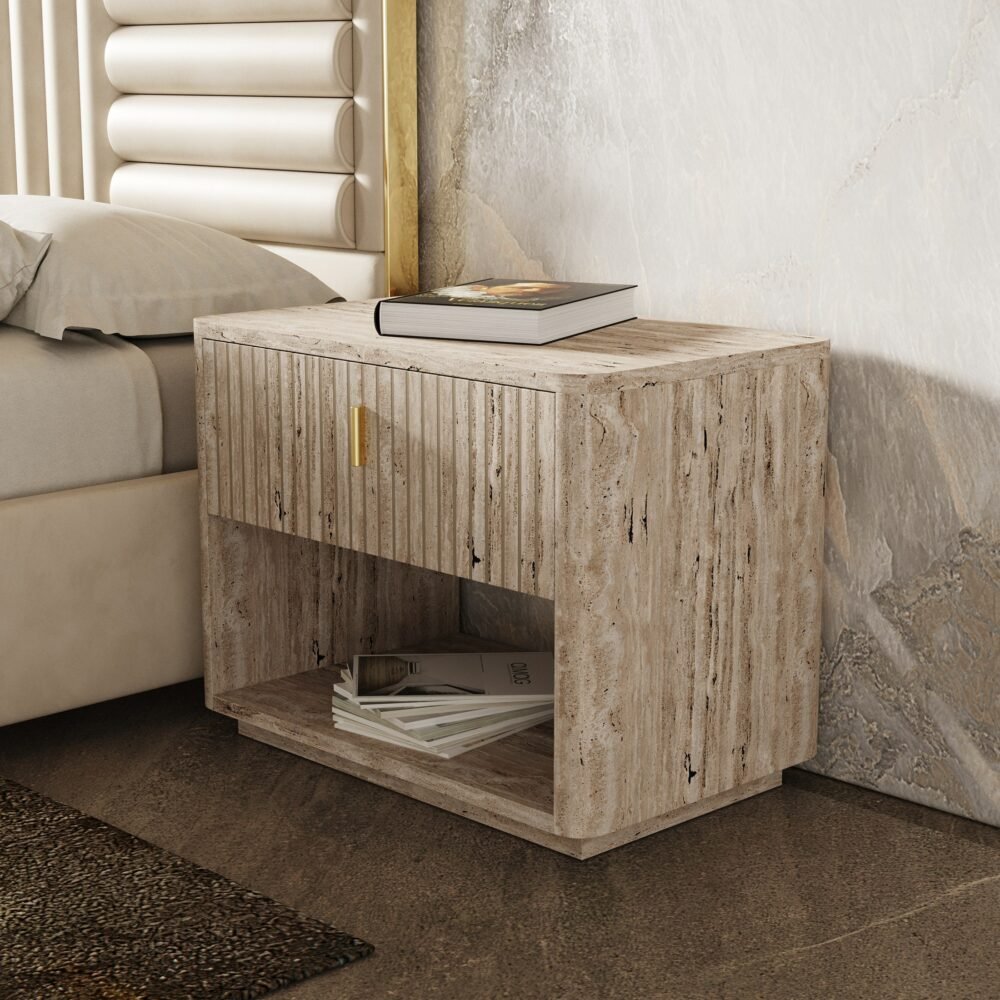 Nova Domus Roma – Travertino sintético moderno + mesita de noche dorada