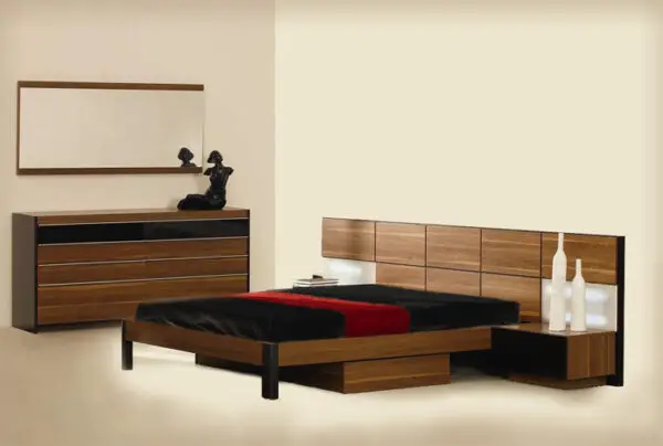 Mueble Cama con plataforma Rondo Mid-Century con
mesitas de noche, almacenamiento y luces – Envíos a todo México | FurnitureMX